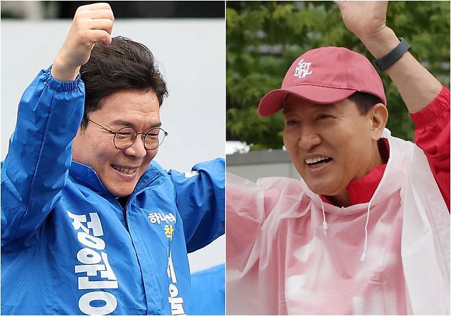 정원오 더불어민주당 서울시장 후보(왼쪽)와 오세훈 국민의힘 후보가 제9회 전국동시지방선거 공식 선거운동이 시작된 21일 서울 성동구 왕십리역 광장과 강북구 삼양사거리에서 유권자들에게 지지를 호소하고 있다. 뉴스1