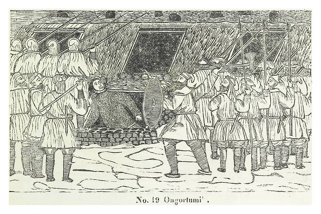 1860년 그린란드에서 출판된 판화집에 수록된 그림. 바이킹들이 이누이트를 공격하고 있다. [사진 위키피디아]