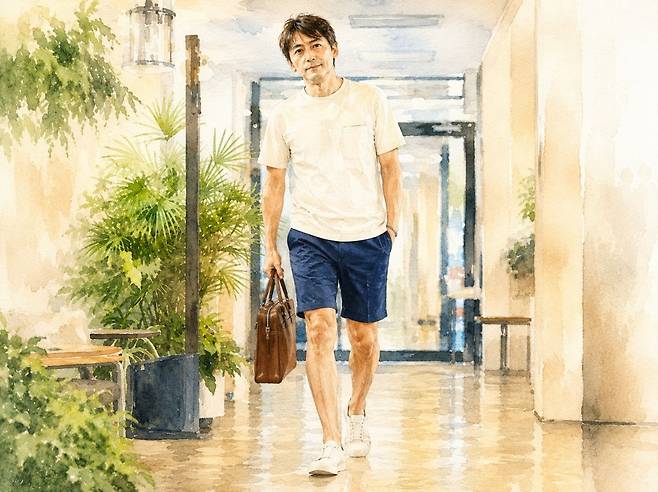 회사원이 반바지와 반소매 티셔츠, 운동화 등 가벼운 복장으로 출근하는 모습. 기사의 이해를 돕기 위해 생성형 인공지능(AI)으로 제작한 이미지입니다.