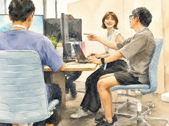 일본 도쿄도청 환경국 직원들이 가벼운 옷차림으로 근무하는 모습. 실제 장면을 참고해 생성형 인공지능(AI)으로 제작한 일러스트입니다.