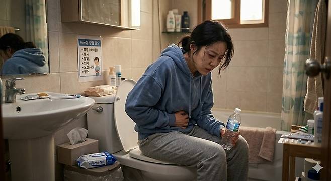 세균성 장염의 고통을 키워드로 생성 AI가 만든 이미지. 물과 전해질 섭취도 중요한데, 물티슈 로고에 이온음료 브랜드를 적어놓았다. [제미나이]