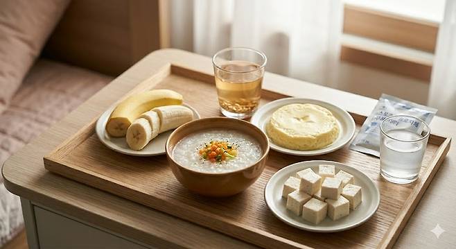 세균성 장염 환자에게 추천하는 식단을 키워드로 생성AI가 만든 이미지. 바나나와 두부, 계란찜 등 부드럽고 장에 무리가 가지 않는 음식들이다. [제미나이]