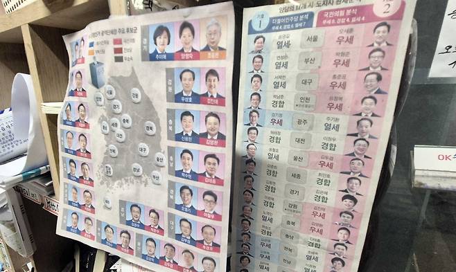 조치원 시장 가게에 붙여둔 지방선거 후보자 스크랩 [양영석 기자]
