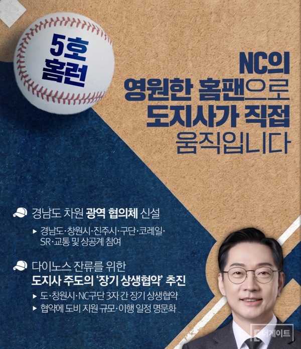 김경수 경남도지사 후보는 NC 구단과 야구팬들에게 '구두 약속'을 하는 대신 장기 상생협약을 문서로 '명문화'하여 이를 실천하겠다는 자세다. 창원시장 후보들보다 도지사가 더 적극적인 모양새다(사진=더게이트)