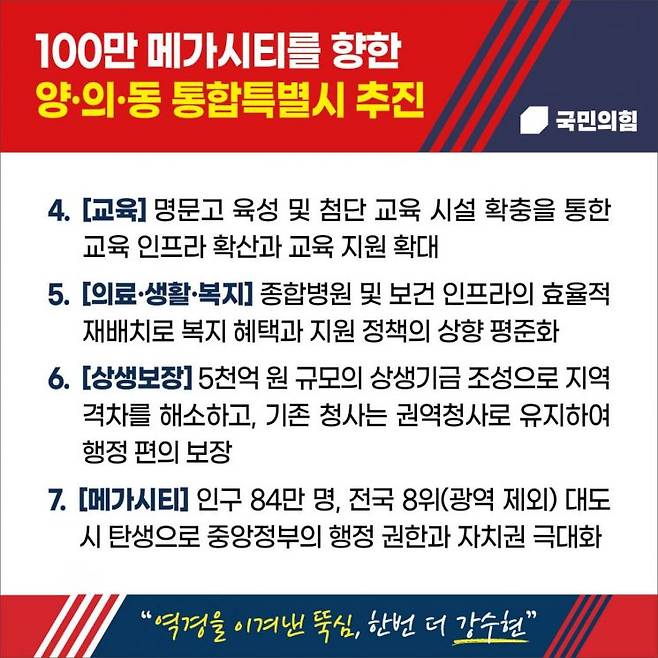 강수현 양주시장 후보(국민의힘)가 의정부·동두천과의 통합 특별시 추진과 경기북부 관광벨트 조성을 핵심으로 한 메가시티 비전을 제시했다. 강수현 후보 제공