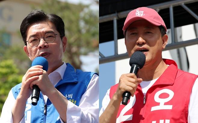 정원오 더불어민주당 서울시장 후보(왼쪽)가 지난 24일 서울 광진구 어린이대공원 앞에서 유세를 하고 있다. 오세훈 국민의힘 서울시장 후보는 같은 날 서울 강서구 등촌역사거리에서 유세를 했다. 경향신문 자료사진