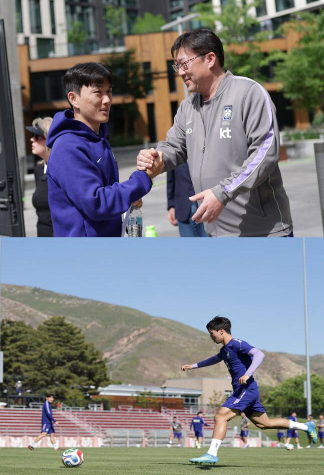 위 사진은 대표팀에 합류해 대표팀 관계자와 인사하고 있는 황인범. 그 아래 사진은 훈련하고 있는 엄지성. 대한축구협회 제공