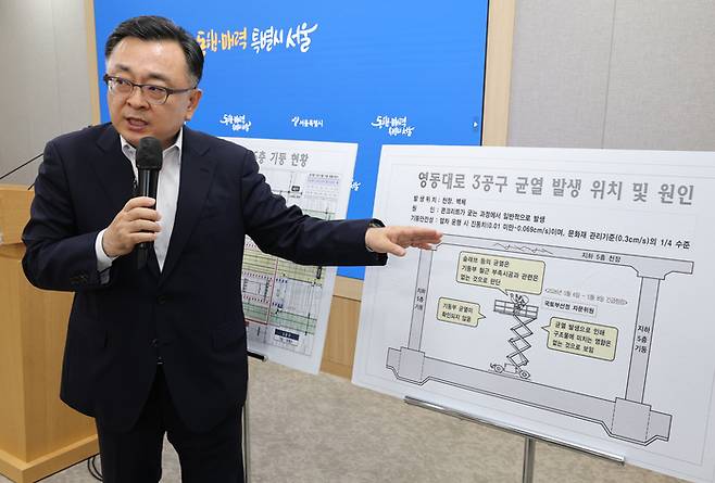 서울시장 권한대행이 25일 서울시청에서 브리핑을 열고 GTX-A 노선 철근 누락이 밝혀진 영동대로 복합개발 3공구 건설공사와 관련해 설명하고 있다.[연합뉴스]