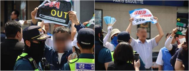 ▲ 25일 전북 전주시 전북대학교 옛 정문 앞에서 열린 더불어민주당 전북특별자치도당 집중유세 현장에서 ‘정청래 OUT’ 등이 적힌 손팻말을 든 ‘정청래 사당화저지 범도민대책회의’ 관계자들이 시위를 벌이고 있다. ⓒ프레시안(양승수)