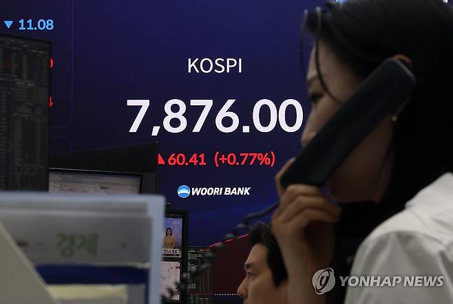 코스피, 7,800선에서 등락 (서울=연합뉴스) 윤동진 기자 = 코스피가 7,800선에서 등락하며 출발한 22일 서울 중구 우리은행 본점 딜링룸에서 직원들이 업무를 보고 있다. 2026.5.22 mon@yna.co.kr