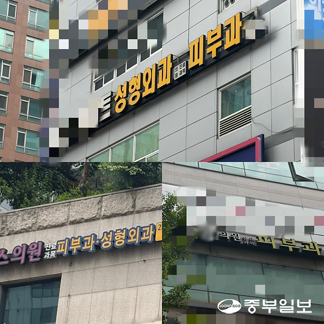 26일 피부과 전문의가 근무하지 않는 경기도 내 일부 의원들이 간판에 '피부과' 표기를 의료기관 명칭과 유사한 크기로 내건 모습. 왕보빈기자