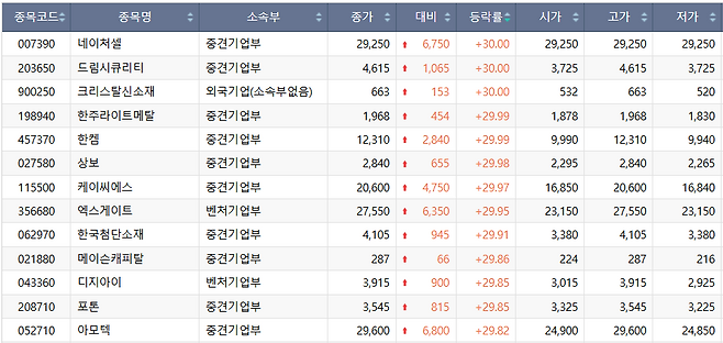 26일 코스닥 시장 상한가 종목.(출처=한국거래소)