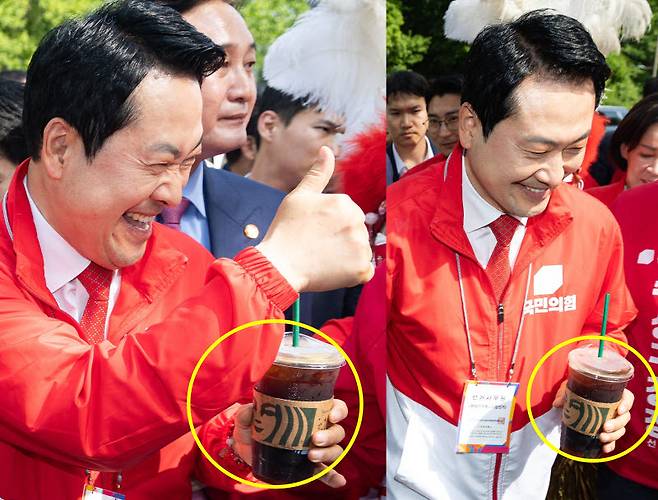 장동혁 국민의힘 대표가 25일 대구 수성못을 찾아 스타벅스 커피를 들고 이동하고 있다.(사진=뉴스1)