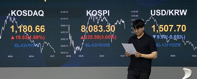 코스피 지수가 장중 사상 처음으로 8100선을 돌파하며 또 한 번 역대 최고치를 경신한 26일 오전 서울 여의도 KB국민은행 딜링룸에 코스피 지수 등이 표시돼 있다. 이날 서울 외환시장에서 원/달러 환율은 전 거래일 종가(1517.2원)보다 2.2원 내린 1515원에 출발했다. 윤창빈 기자