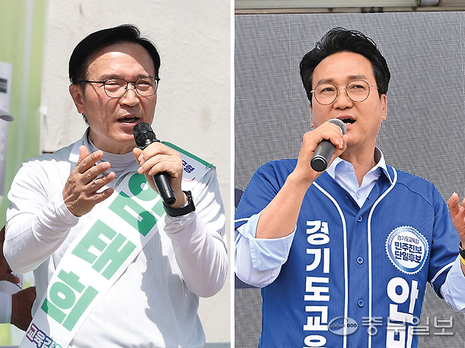 (왼쪽)제9회 전국동시지방선거 공식 선거운동이 진행중인 25일&nbsp;임태희 경기도교육감후보가 양평군 용문천년시장에서 유권자들에게 지지를 호소하고 있다. (오른쪽)같은 날 의왕시 내손동 민방위교육장 사거리에서 열린 안민석 경기도교육감 후보의 거리유세에서 안민석 후보가 유세활동을 하고 있다. 김경민기자