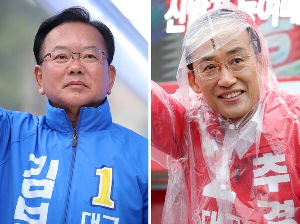 김부겸 더불어민주당 대구시장 후보(왼쪽)가 27일 오전 대구 북구 태전네거리에서 출근길 시민들을 향해 인사하고 있다. 같은 날 오전 추경호 국민의힘 대구시장 후보는 북구 팔달교 앞에서 아침 인사를 하고 있다. 뉴스1