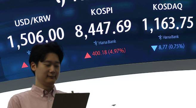 27일 서울 중구 하나은행 딜링룸 현황판에 코스피 등이 표시되고 있다. 이날 오전 9시 2분 현재 코스피는 전날보다 400.18포인트(4.97%) 오른 8,447.69다.(사진=연합뉴스)