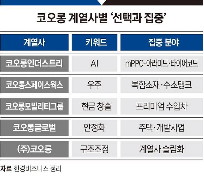 코오롱 계열사별 '선택과 집중'. 그래픽=박명규 기자