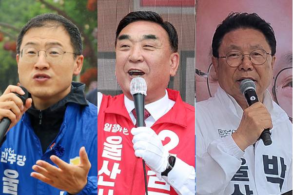 (왼쪽부터)더불어민주당 김상욱·국민의힘 김두겸·무소속 박맹우 울산시장 후보.