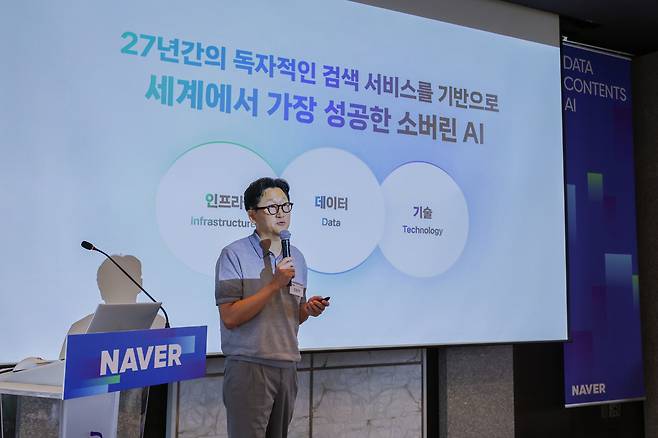 28일 서울 중구 더플라자 호텔에서 ‘AI 시대 네이버의 데이터·콘텐츠 전략’을 주제로 열린 ‘미디어 라운드 테이블’ 현장에서 네이버 김광현 CDO가 발표를 진행하고 있다.(사진=네이버)