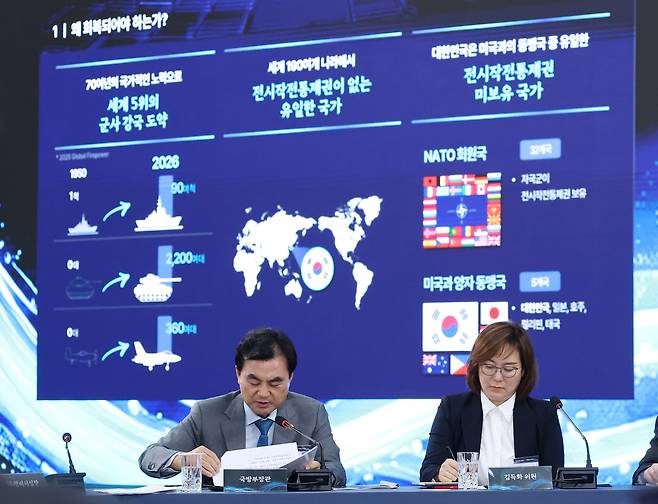 안규백(왼쪽) 국방부 장관이 26일 경남 창원시 진해구에서 열린 '제1회 미래국방전략위원회'에서 전시작전권 조기 회복과 AI무인전투체계 군대로의 전환 안건 보고를 하고 있다./뉴시스