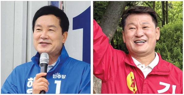 6·3 부산 해운대구청장 선거에 출마한 더불어민주당 홍순헌(왼쪽 사진), 국민의힘 김성수 후보가 시민에게 지지를 호소하고 있다.   후보 제공