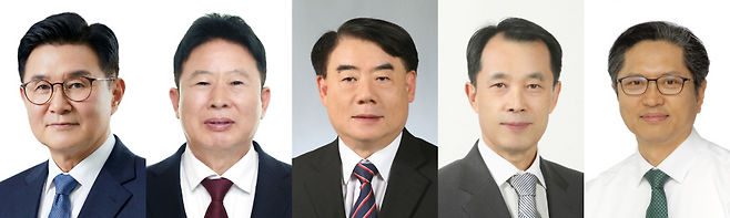 (왼쪽부터) 더불어민주당 김경호, 국민의힘 서태호, 무소속 이충선, 무소속 이진용, 무소속 신동진 가평군수 후보. 경기일보DB
