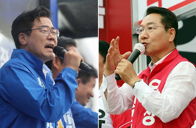 (인천=뉴스1) 황기선 기자 = 박찬대 더불어민주당 인천시장 후보(왼쪽)와 유정복 국민의힘 인천시장 후보. /뉴스1