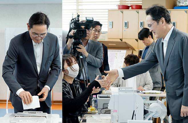 제9회 전국동시지방선거 사전투표 첫 날인 29일 서울 용산구 한남동 주민센터에 설치된 사전투표소를 찾은 이재용 삼성전자 회장이 투표하고 있다. 2026.05.29 [서울=뉴시스]