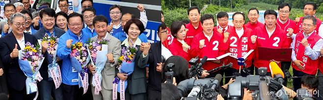 [대구=뉴시스] 이무열 기자 = 김부겸(왼쪽) 더불어민주당 대구시장 후보와 추경호 국민의힘 대구시장 후보가 28일 오전 대구 군위군 소보면 내의리 대구경북통합신공항 건설 예정 부지를 각각 방문하고 있다. 2026.05.28. lmy@newsis.com /사진=이무열