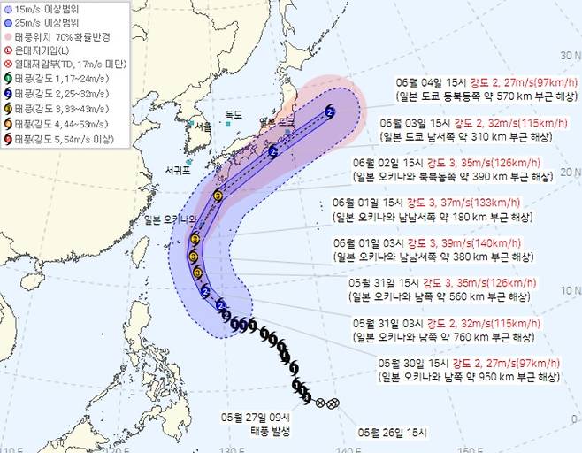 제6호 태풍 장미 예상 진로 (기상청 제공)
