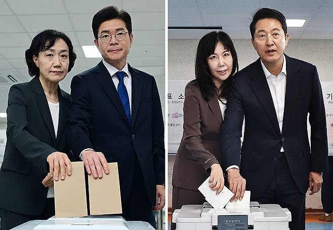 지방선거 사전투표 첫날인 29일 정원오 더불어민주당 서울시장 후보와 배우자 문혜정씨가 투표를 하고 있다. 오른쪽 사진은 같은 날 투표를 하고 있는 오세훈 국민의힘 서울시장 후보와 배우자 송현옥씨. [뉴시스]