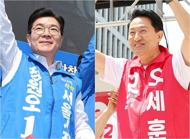 서울시장 선거에 나선 정원오 더불어민주당 후보와 오세훈 국민의힘 후보. 연합뉴스