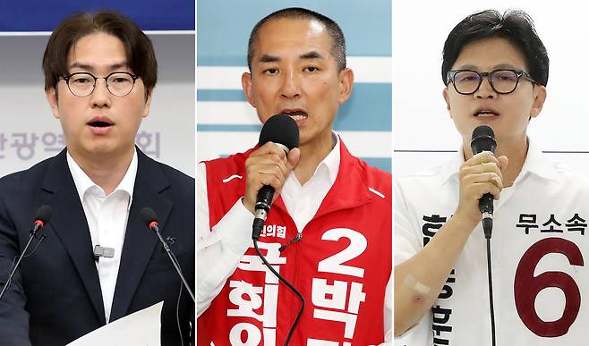 (부산=뉴스1) 윤일지 기자 = 부산 북구갑 국회의원 후보들이 1일 기자회견을 열고 지지를 호소하고 있다. 이날 부산시의회 브리핑룸에서 기자회견하는 하정우 더불어민주당 후보(왼쪽부터), 북구 선거사무소에서 기자회견하는 박민식 국민의힘 후보, 북구 선거사무소에서 기자회견하는 한동훈 무소속 후보.   2026.6.1/뉴스1