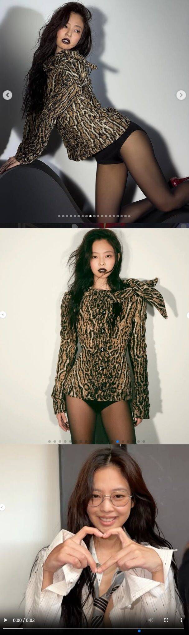 제니는 또 거친 질감이 느껴지는 애니멀 패턴의 트위드 재킷에 블랙 핫팬츠와 얇은 스타킹을 매치 해 하의 실종 패션의 정석도 보여주었다. /제니 소셜미디어