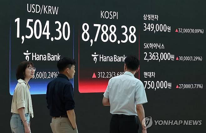 코스피, '사상최고' 8,788.38 (서울=연합뉴스) 윤동진 기자 = 코스피가 전장보다 312.23포인트(3.68%) 오른 8,788.38에 장을 마치며 종가 기준 사상 최고치를 경신한 1일 서울 하나은행 본점 딜링룸에서 딜러들이 휴식을 취하고 있다. 2026.6.1 mon@yna.co.kr