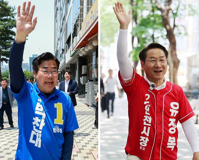 ▲ 박찬대(왼쪽) 더불어민주당 인천시장 후보가 제9회 전국동시지방선거를 하루 앞둔 2일 인천 부평구 갈산역 인근 상가를 찾아 시민들에게 인사를 하고 있다. 같은 날 유정복 국민의힘 후보가 남동구 구월동 인근에서 시민들에게 손을 흔들고 있다. /이재민 기자 leejm@incheonilbo.com