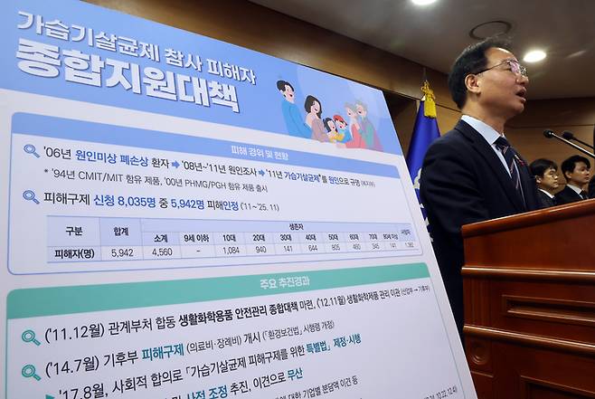 김영수 국무조정실 국무1차장이 지난해 12월 24일 정부세종청사 브리핑실에서 가습기살균제 참사 피해자 종합 지원대책을 발표하고 있다. 연합뉴스