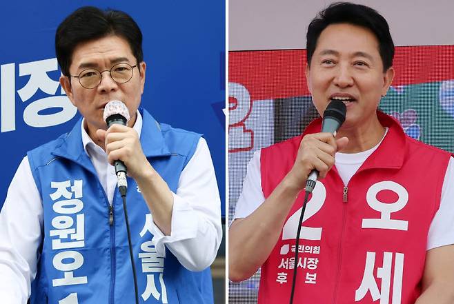 정원오(왼쪽) 더불어민주당, 오세훈 국민의힘 서울시장 후보가 지난달 25일 각각 서울 양천구 현대백화점 목동점 앞, 도봉구 홈플러스 방학점 앞에서 지지를 호소하고 있다. (사진=뉴스1)