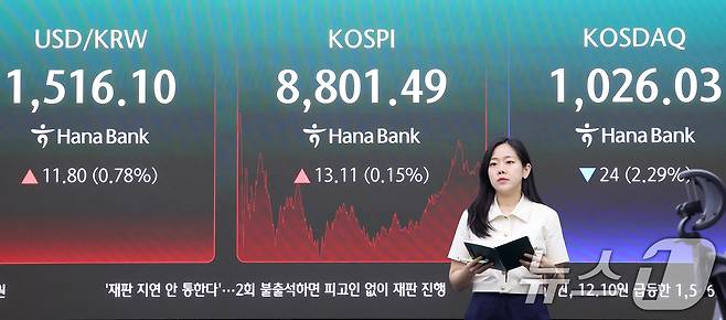 코스피 지수가 8800선을 돌파하며 최고치를 경신한 2일 서울 중구 하나은행 본점 딜링룸 전광판에 종가가 나오고 있다. 2026.6.2 ⓒ 뉴스1 김성진 기자