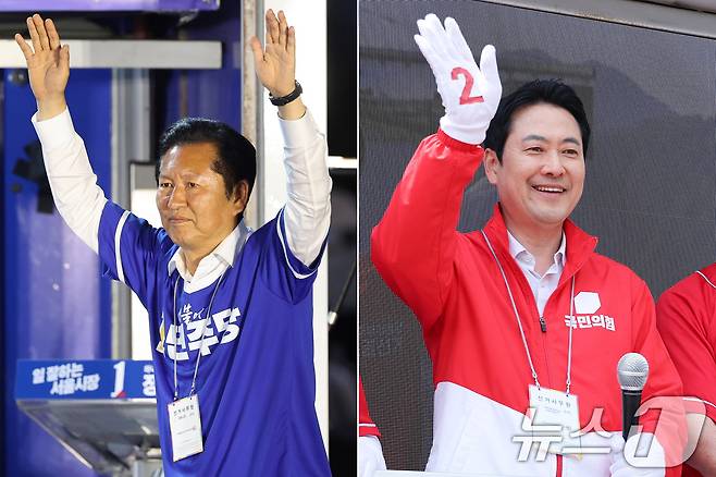 정청래 더불어민주당 대표와 장동혁 국민의힘 대표가 2일 서울 청계광장과 충남 청양재래시장에서 각각 시민들에게 지지를 호소하고 있다. 2026.6.2 ⓒ 뉴스1 신웅수 기자, 황기선 기자