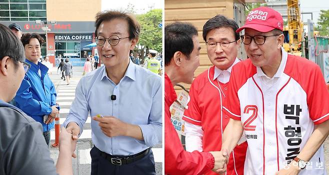 6·3 지방선거 본투표를 이틀 앞둔 1일 더불어민주당 전재수 부산시장 후보가 부산 북구의 한 대형마트 앞에서 시민과 만나 악수하며 지지를 호소하고 있다(왼쪽 사진). 오른쪽 사진은 이날 국민의힘 박형준 부산시장 후보가 지지자와 만나 악수하고 있는 모습. 부산=전영한 기자 scoopjyh@donga.com