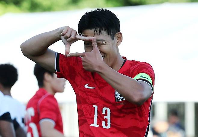 대한민국 축구대표팀 손흥민이 30일(현지시간) 미국 유타주 솔트레이크시티 브리검 영 대학교 BYU 사우스필드 경기장에서 2026 국제축구연맹(FIFA) 북중미 월드컵 앞두고 열린 대한민국과 트리니다드 토바고의 평가전에서 골을 넣고 세리머니를 하고 있다. 2026.5.31 ⓒ 뉴스1 임세영 기자 /사진=뉴스1