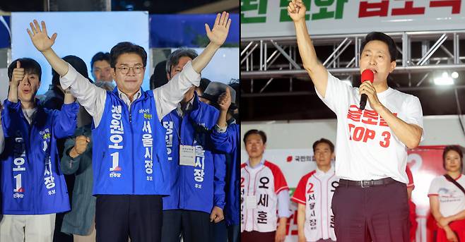 여야 서울시장 후보, 마지막 지지 호소 6·3 지방선거 서울시장에 출마한 정원오 더불어민주당 후보(왼쪽 사진)와 오세훈 국민의힘 후보가 2일 저녁 각각 중구 청계광장, 서대문구 신촌역 스타광장에서 막판 유세를 하고 있다. 연합뉴스