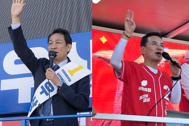 강원도지사 선거에 출마한 더불어민주당 우상호 후보(왼쪽)와 국민의힘 김진태 후보가 유세 차량에 올라 지지를 호소하고 있다. 우상호 후보, 김진태 후보 제공