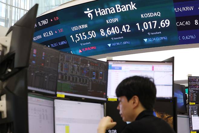 2일 서울 중구 하나은행 딜링룸 현황판에 코스피가 표시되고 있다. 이날 코스피는 전장 대비 1.08% 오른 8883.19로 출발했으나, 이내 하락세로 전환해 8503선까지 터치했다. ⓒ 연합뉴스