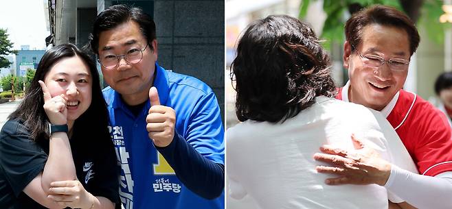 ▲&nbsp;박찬대(왼쪽) 더불어민주당 인천시장 후보가 지난 2일 인천 부평구 갈산역 인근 상가를 찾아 시민들에게 인사를 하고 있다. 같은 날 유정복 국민의힘 후보가 남동구 구월동 인근에서 시민들과 인사를 하고 있다. /인천일보DB