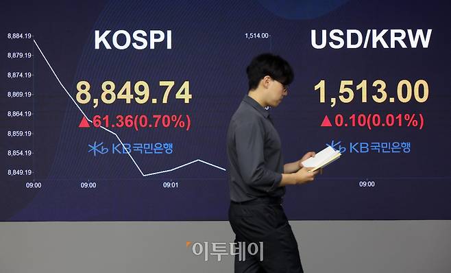 2일 서울 여의도 KB국민은행 딜링룸 전광판에 코스피 지수가 장 초반 8900을 넘어서며 상승 출발한 이후 등락을 거듭하고 있다. 코스닥 지수는 전 거래일보다 0.49% 내린 1044.89에 출발했으며 서울 외환시장에서 원·달러 환율은 전 거래일보다 7.7원 오른 1512.0원에 개장했다. 고이란 기자 photoeran@