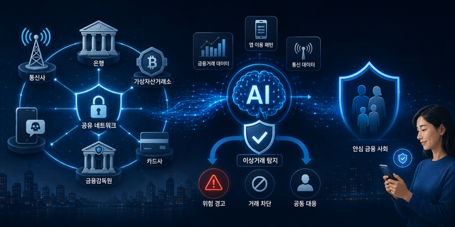 통신사·가상자산거래소·은행 등 금융사기 발생 지점과 직결된 기관들은 촘촘한 공유 네트워크를 구축하고, 금융거래 데이터뿐 아니라 앱 이용 패턴·통신 데이터 등 사기 전반에 필요한 데이터를 종합적으로 분석하는 시스템을 갖춰 금융사기를 선제적으로 차단해야 한다. /챗GPT로 생성한 이미지