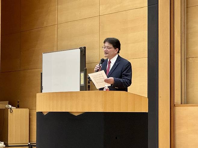 ▲겜마 마사히코 와세다대 일미연구소장이 '동북아 정세와 한반도의 미래' 국제심포지엄 개회사를 하고 있다. 와세다대 일미연구소 제공